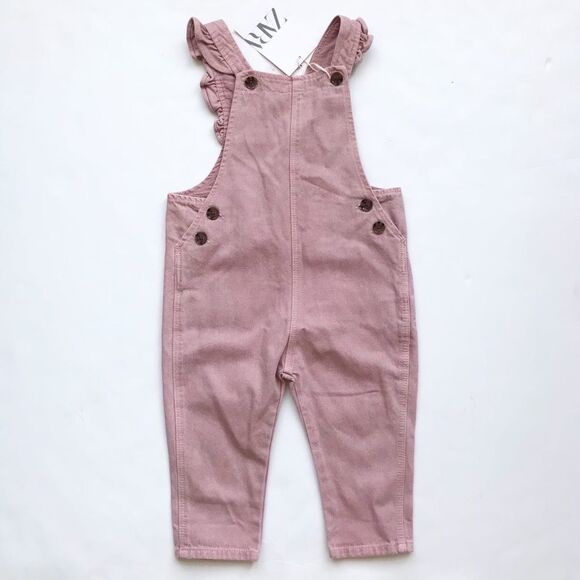 Zara NWT dusty rose denim ruffle overalls 12-18 months - Picture 1 of 5